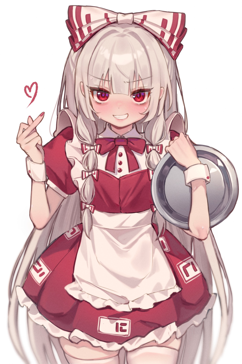 1girl absurdres adapted_costume angry apron dress fujiwara_no_mokou highres holding holding_tray looking_at_viewer maid maid_apron middle_finger qiu_ju red_dress red_eyes solo thigh-highs touhou tray white_apron white_background white_hair white_thighhighs