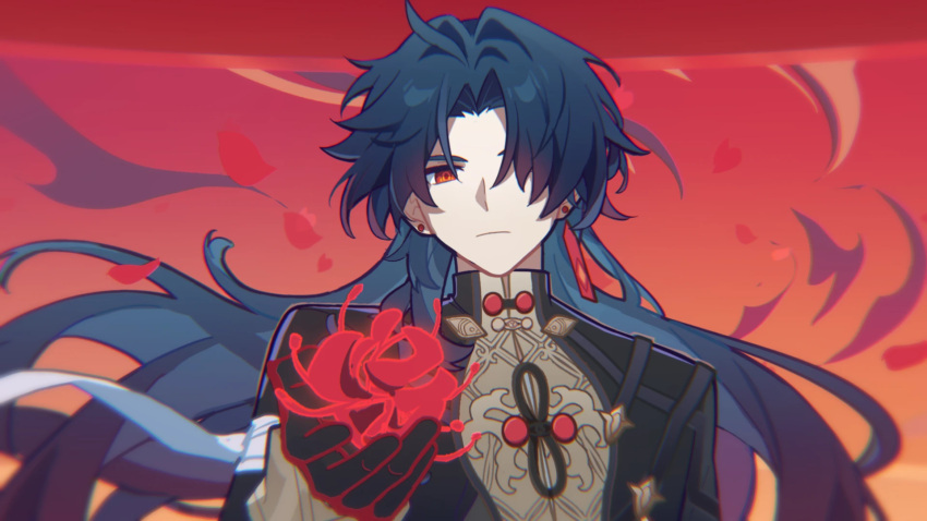 1boy bandages black_coat black_ribbon blade_(honkai:_star_rail) blue_hair closed_mouth coat earrings expressionless falling_petals flower hand_up highres holding holding_flower honkai:_star_rail honkai_(series) jewelry long_hair looking_at_viewer male_focus parted_bangs petals red_background red_eyes red_flower ribbon solo spider_lily tassel tassel_earrings upper_body very_long_hair xiaohutu