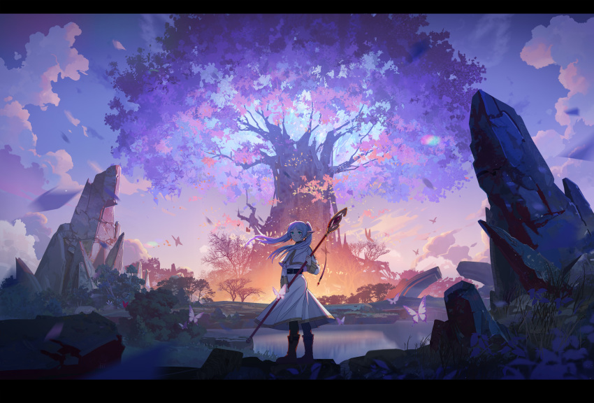 1girl absurdres belt bug butterfly capelet clouds cloudy_sky elf expressionless frieren glowing_tree highres kuroha_(pixiv91542816) long_hair looking_back mage_staff nature pointy_ears scenery skirt sky solo sousou_no_frieren standing tree twintails white_capelet white_hair white_skirt wide_shot