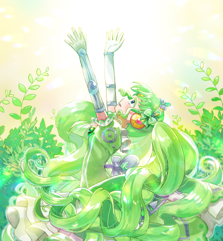 1girl arms_up cowboy_shot dress elbow_gloves falulu falulu_(awakened) forehead_jewel frilled_dress frills from_side gloves green_dress green_hair green_theme headphones highres idol_clothes jinno_(jin_c_kkry) leaf long_hair looking_up open_mouth outstretched_arms pretty_series pripara profile puffy_short_sleeves puffy_sleeves reaching short_sleeves sidelocks smile solo twintails very_long_hair white_gloves winding_key