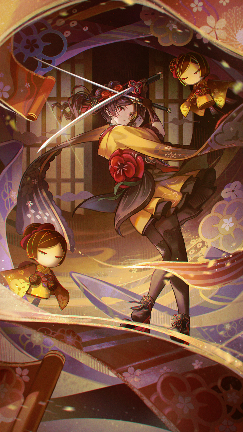 1girl arms_up asymmetrical_sidelocks black_pantyhose chiori_(genshin_impact) drill_hair drill_ponytail dual_wielding fabric full_body genshin_impact hair_ornament hair_stick hands_up highres holding holding_sword holding_weapon japanese_clothes kimono kyusoukyu layered_skirt mannequin pantyhose red_eyes skirt solo sword tamoto_(genshin_impact) thigh-highs thighhighs_over_pantyhose weapon wide_sleeves yellow_kimono yellow_skirt
