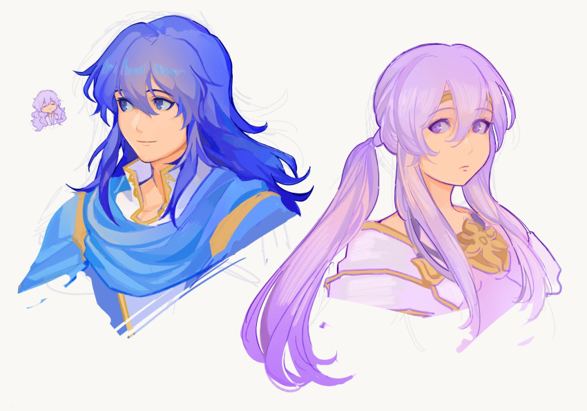 1boy 1girl alternate_hairstyle blue_cape blue_eyes blue_hair brother_and_sister cape chibi circlet deirdre_(fire_emblem) dress fire_emblem fire_emblem:_genealogy_of_the_holy_war hair_down hairstyle_switch highres julia_(fire_emblem) lamb_(contra_entry) long_hair ponytail purple_hair seliph_(fire_emblem) siblings simple_background upper_body violet_eyes