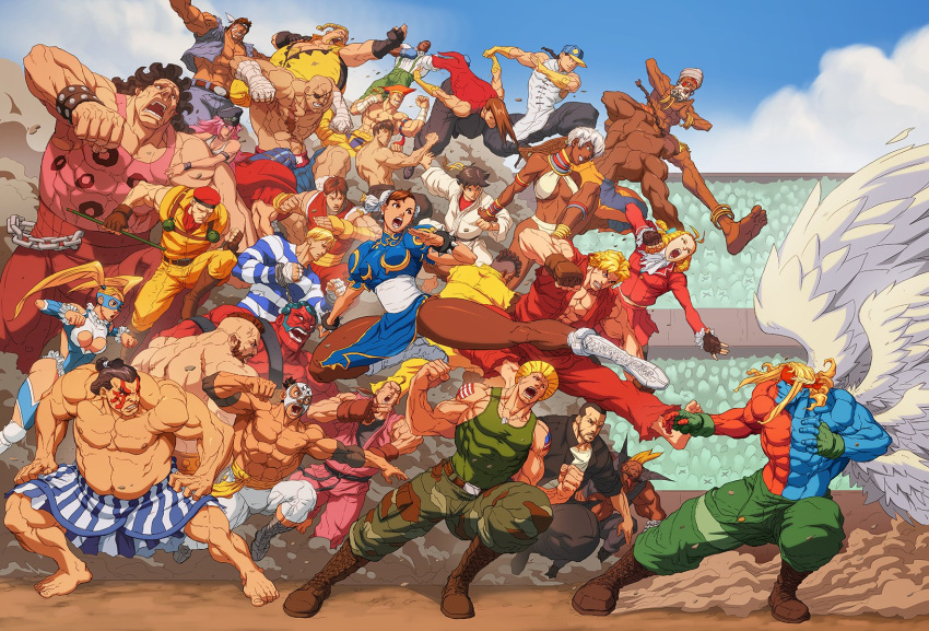 alex_(street_fighter) angel_wings bandages boots charging_forward clouds cody_travers dust_cloud edmond_honda el_fuerte fei_long fighting fighting_stance gill_(street_fighter) guile highres jumping kicking matt_moylan muscular muscular_female muscular_male punching rainbow_mika rufus_(street_fighter) sean_matsuda street_fighter stretching wings zangief