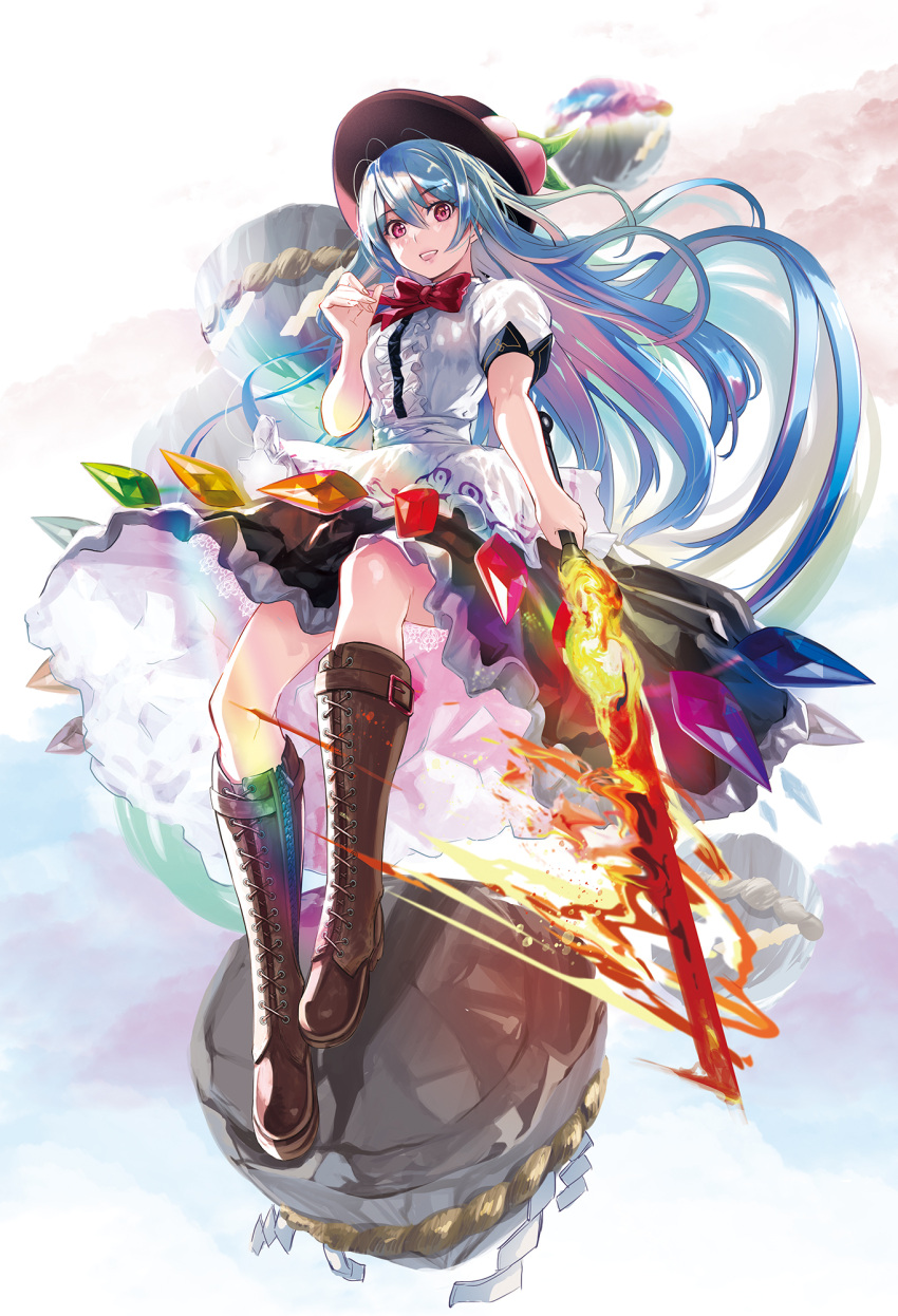 1girl black_headwear black_skirt blue_hair boots bow bowtie commentary_request cross-laced_footwear food fruit fruit_hat_ornament hat highres hinanawi_tenshi holding holding_sword holding_weapon keystone knee_boots l.f. lace-up_boots leaf leaf_hat_ornament long_hair looking_at_viewer open_mouth peach peach_hat_ornament pink_eyes rainbow_order red_bow red_bowtie shirt short_sleeves skirt smile solo sword sword_of_hisou touhou very_long_hair weapon white_shirt