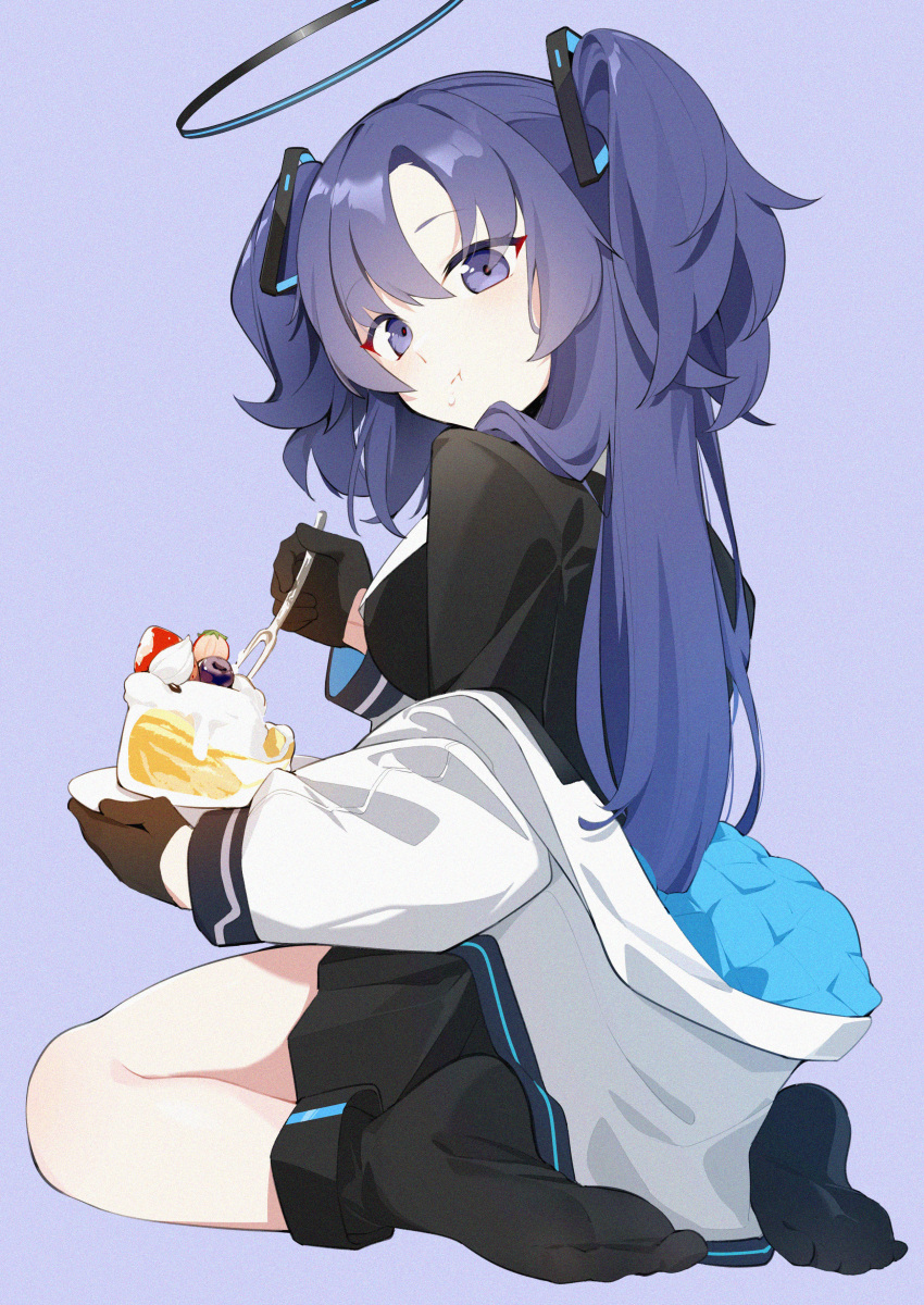 1girl absurdres black_skirt black_socks blue_archive breasts cake closed_mouth food fork halo highres holding holding_fork jacket long_hair long_sleeves mechanical_halo medium_breasts purple_background purple_hair simple_background skirt socks solo suit two-sided_fabric two-sided_jacket two_side_up violet_eyes wako_(1194433260) white_jacket yuuka_(blue_archive)