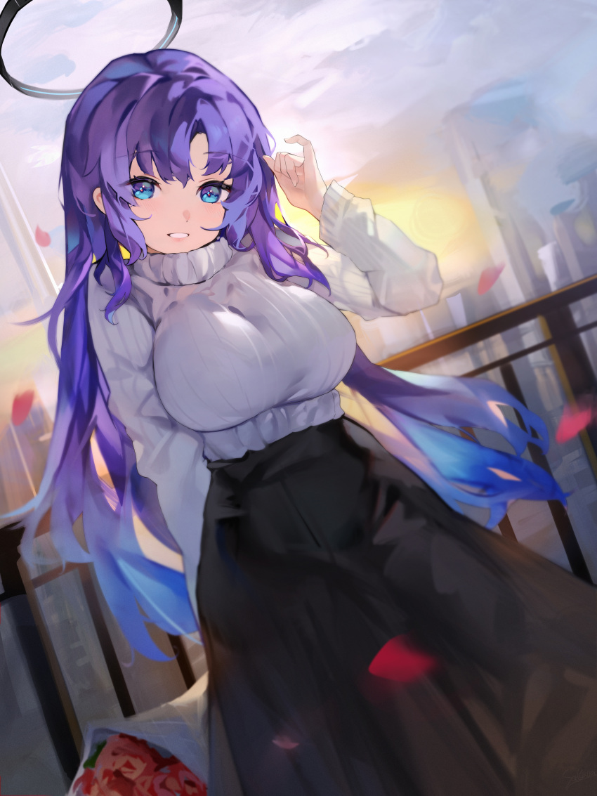 1girl absurdres black_skirt blue_archive blue_eyes blush bouquet breasts english_commentary flower grin halo highres holding holding_bouquet large_breasts long_hair long_sleeves looking_at_viewer mechanical_halo outdoors petals purple_hair red_flower sakanafish skirt smile solo sweater white_sweater yuuka_(blue_archive)