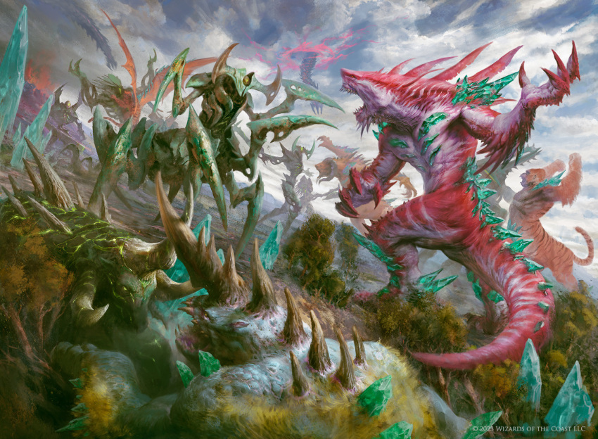 animal_focus arthropod_limbs battle blue_sky claws clouds cloudy_sky colossus company_name copyright_notice crystal crystallization day horns magic:_the_gathering manzanedo material_growth monster multiple_horns no_humans official_art open_mouth outdoors painterly portal_(object) realistic sharp_teeth sky spikes tail teeth tree