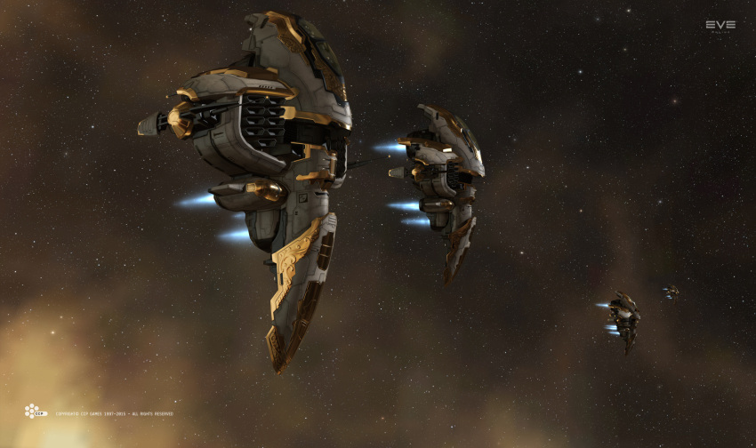 3d amarr_empire_(eve_online) ambiguous_gender canopy_(aircraft) commentary company_logo company_name copyright_logo copyright_name dated eve_online fleet from_side glint glowing gold heavy_fighter_(eve_online) highres logo military_vehicle official_art pilot radio_antenna realistic salvo_(willem_van_biljon) science_fiction sky space spacecraft star_(sky) starfighter starry_sky starry_sky_background thrusters vehicle_focus