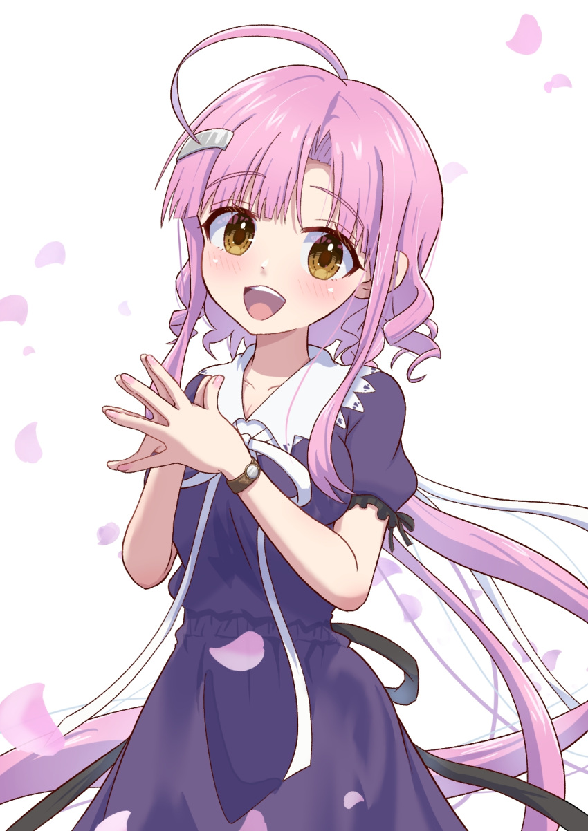 1girl ahoge blush curtained_hair dress falling_petals gakkou_gurashi! hair_ornament hairclip happy highres long_hair looking_at_viewer open_mouth petals pink_hair puffy_short_sleeves puffy_sleeves purple_dress sakura_megumi shiny_skin short_sleeves smile solo teeth upper_body upper_teeth_only user_pcsh3757 very_long_hair watch watch white_background yellow_eyes