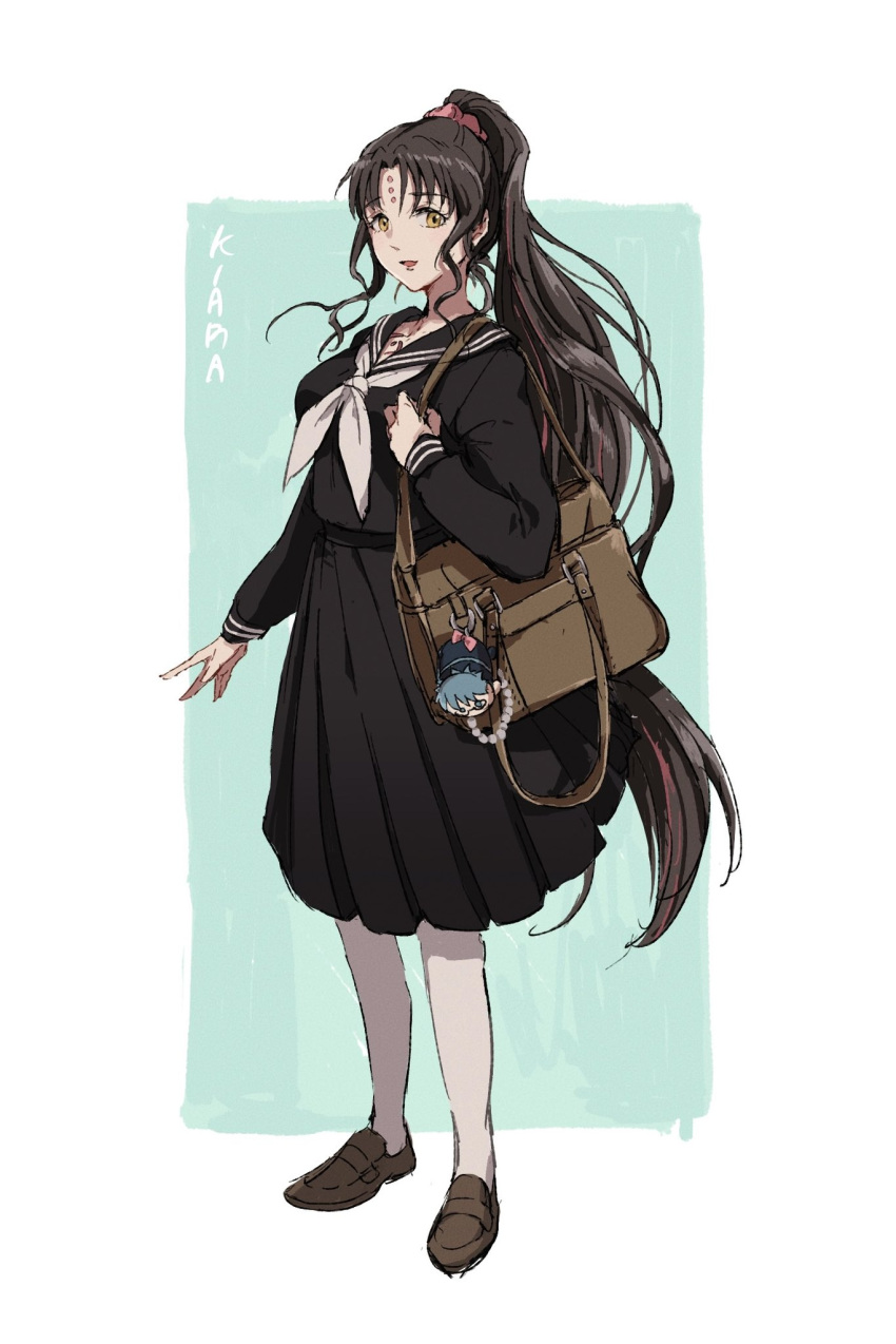 1girl amidura arm_at_side bag bag_charm black_hair black_sailor_collar black_serafuku black_shirt black_skirt border breasts brown_bag brown_footwear character_charm character_name charm_(object) chest_tattoo fate/extra fate/extra_ccc fate/grand_order fate_(series) forehead_tattoo full_body green_background hair_ornament hair_scrunchie hand_up hans_christian_andersen_(fate) highres loafers long_hair long_sleeves looking_at_viewer medium_breasts multicolored_hair neckerchief open_mouth pantyhose parted_bangs pink_hair pink_scrunchie pleated_skirt ponytail sailor_collar sailor_shirt school_uniform scrunchie serafuku sessyoin_kiara shirt shoes shoulder_bag sidelocks simple_background skirt smile solo standing streaked_hair tattoo very_long_hair white_border white_neckerchief white_pantyhose yellow_eyes