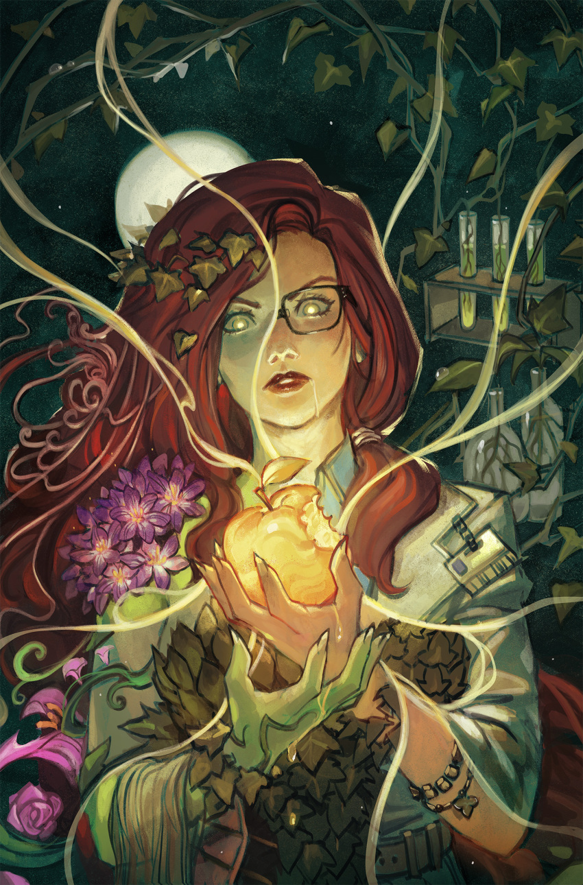 1girl anireal apple coat colored_skin dc_comics dual_persona flower food fruit full_moon glasses golden_apple green_eyes green_skin hair_ornament highres holding holding_food holding_fruit ivy lab_coat leaf_hair_ornament long_hair looking_at_viewer moon name_tag night pink_flower poison_ivy purple_flower red_lips redhead solo test_tube upper_body white_coat