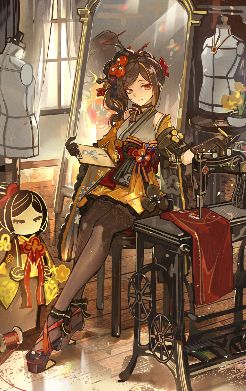 1girl absurdres bare_shoulders black_gloves brown_hair chiori_(genshin_impact) drill_hair full_body genshin_impact gloves grey_kimono hair_ornament highres holding japanese_clothes kimono long_hair looking_at_viewer mento obi pantyhose red_eyes sash side_ponytail skirt solo yellow_skirt