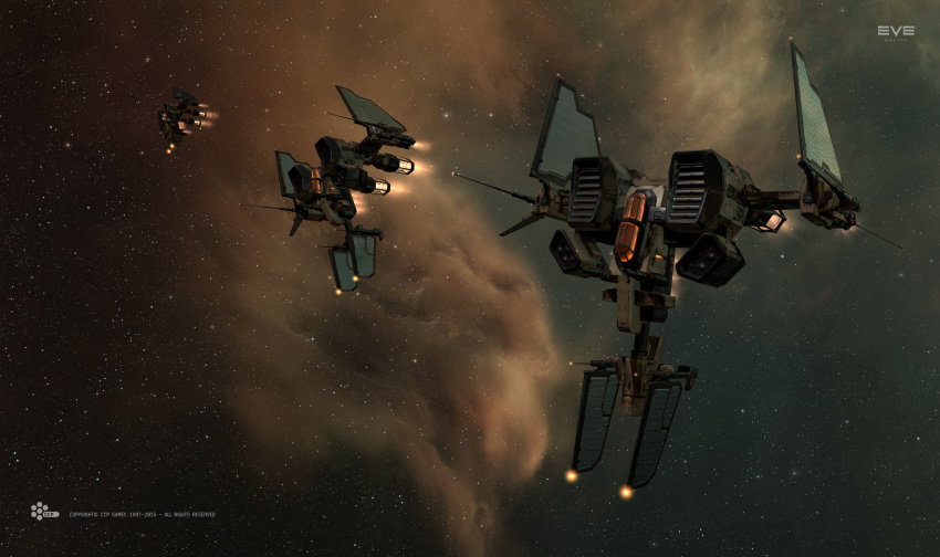 3d canopy_(aircraft) commentary company_logo company_name copyright_logo copyright_name dated eve_online fleet flying glowing heavy_fighter_(eve_online) highres logo military_vehicle minmatar_republic_(eve_online) nebula no_humans official_art outdoors radio_antenna realistic salvo_(willem_van_biljon) science_fiction sky space spacecraft star_(sky) starfighter starry_sky starry_sky_background thrusters vehicle_focus