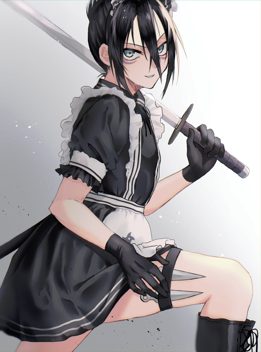 1boy apron aqua_eyes black_dress black_footwear black_gloves black_hair black_ribbon boots cross-laced_footwear crossdressing dress facial_mark folded_ponytail frilled_apron frilled_sleeves frills gloves hair_between_eyes highres holding holding_sword holding_weapon kunai lace-up_boots looking_at_viewer maid maid_apron maid_headdress male_focus minouchi neck_ribbon one-punch_man onsoku_no_sonic otoko_no_ko ribbon simple_background smile solo sword thigh_strap weapon