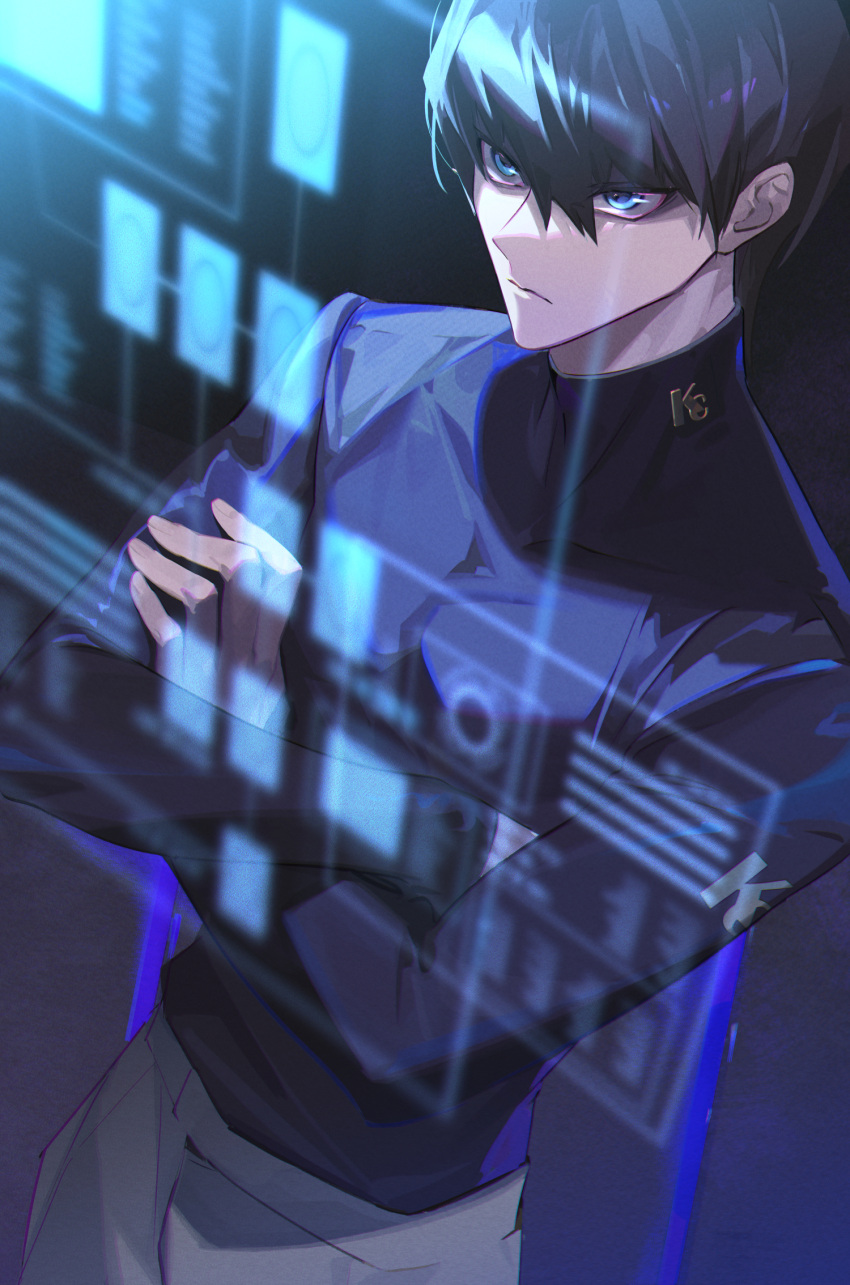1boy black_shirt blue_eyes brown_hair crossed_arms from_above glaring hair_between_eyes highres inkerpape kaiba_seto male_focus pectorals shirt short_hair solo standing toned toned_male turtleneck_shirt upper_body yu-gi-oh!