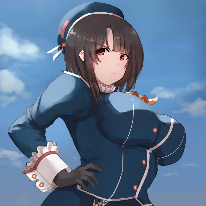 1girl ascot beret black_gloves black_hair blue_headwear blue_sky blush breasts clouds cloudy_sky day gloves hagureyouma hat highres kantai_collection large_breasts looking_at_viewer military_uniform outdoors red_eyes short_hair sky smile solo takao_(kancolle) uniform upper_body