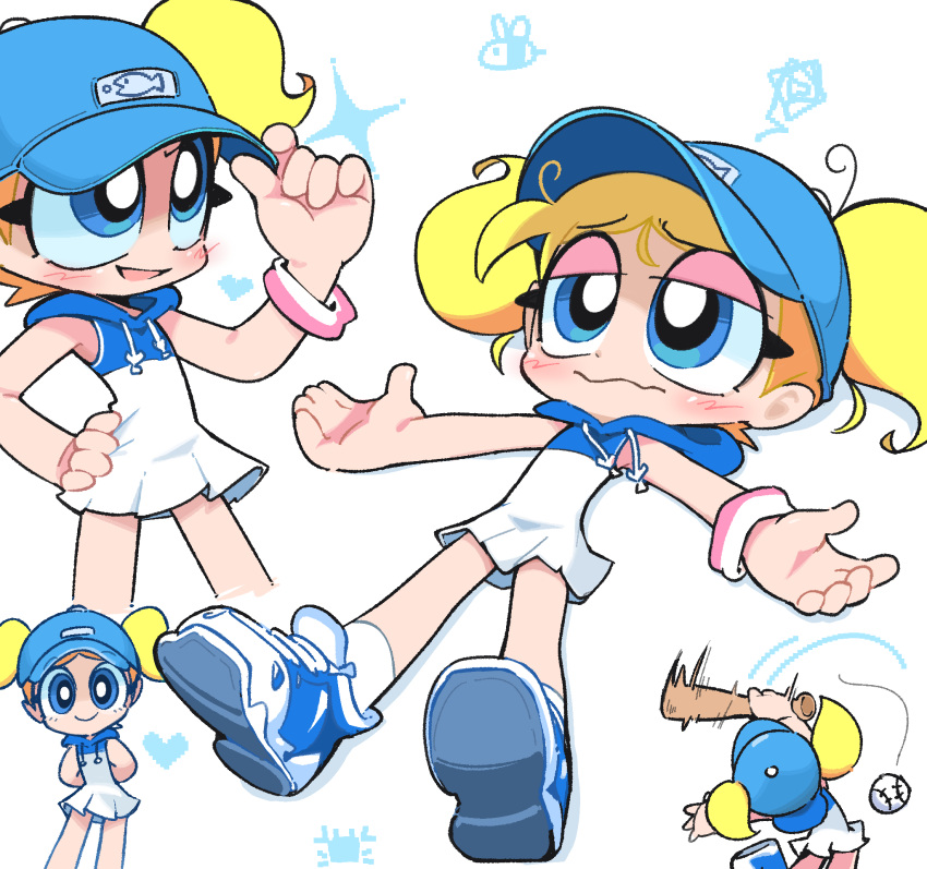 1girl adjusting_clothes adjusting_headwear bare_arms bare_legs baseball baseball_(object) baseball_bat baseball_cap blonde_hair blue_eyes blue_footwear blue_headwear blue_hood blush bubbles_(ppg) commentary cowboy_shot dress english_commentary flat_chest full_body hand_on_own_hip hat highres holding holding_baseball_bat hooded_dress kim_crab looking_ahead lying messy_hair multicolored_wristband multiple_views no_nose powerpuff_girls shoes short_dress short_hair short_twintails sleeveless sleeveless_dress sneakers socks solo standing thighs toon_(style) twintails white_background white_dress white_socks