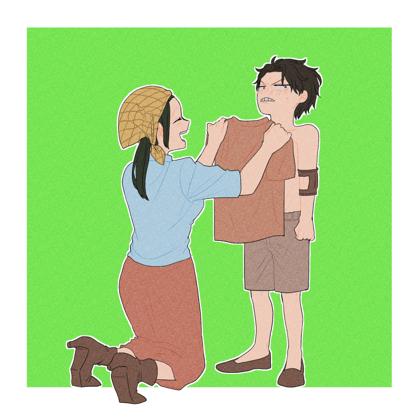 1boy 1girl age_difference aged_down angry armlet arms_at_sides bandana black_hair blue_shirt border breasts brown_footwear brown_shorts clenched_hand closed_eyes collared_shirt elbow_pads embarrassed film_grain frown full_body green_background green_hair happy highres holding holding_clothes kneeling laughing legs_apart long_skirt makino_(one_piece) medium_breasts nose one_piece outline outside_border portgas_d._ace profile raised_eyebrows red_shirt red_skirt sanpaku shirt short_hair short_sleeves shorts simple_background single_elbow_pad skirt sleeves_rolled_up standing teeth topless_male touou0831 white_border white_outline