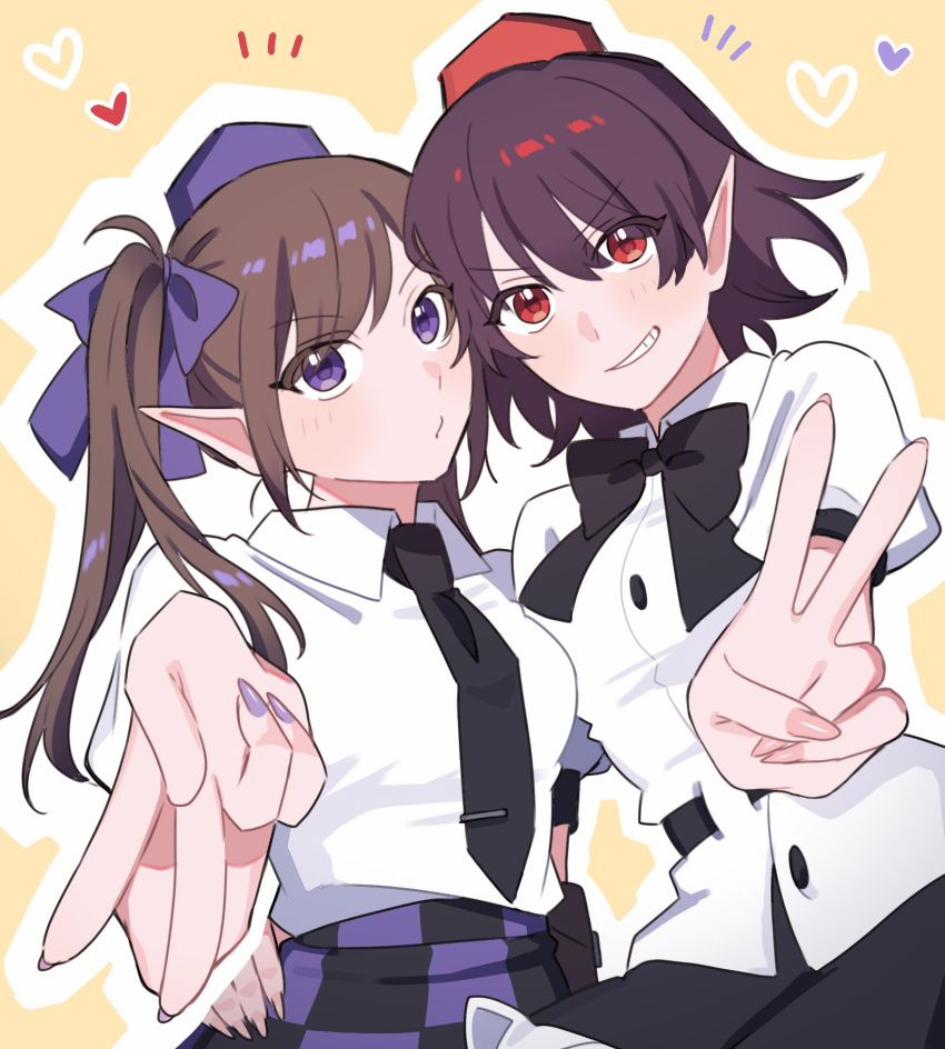 2girls belt black_belt black_bow black_bowtie black_hair black_necktie black_skirt bow bowtie breasts brown_hair buttons checkered_clothes checkered_skirt collared_shirt fingernails frilled_skirt frills grin hair_bow hand_on_another's_hip hat heart highres himekaidou_hatate long_hair multiple_girls nail_polish necktie o3o pink_nails pointy_ears ponytail puffy_short_sleeves puffy_sleeves purple_bow purple_headwear purple_nails purple_skirt red_eyes red_headwear sakic43899 shameimaru_aya shirt short_hair short_sleeves simple_background skirt small_breasts smile tokin_hat touhou v v-shaped_eyebrows violet_eyes white_shirt yellow_background