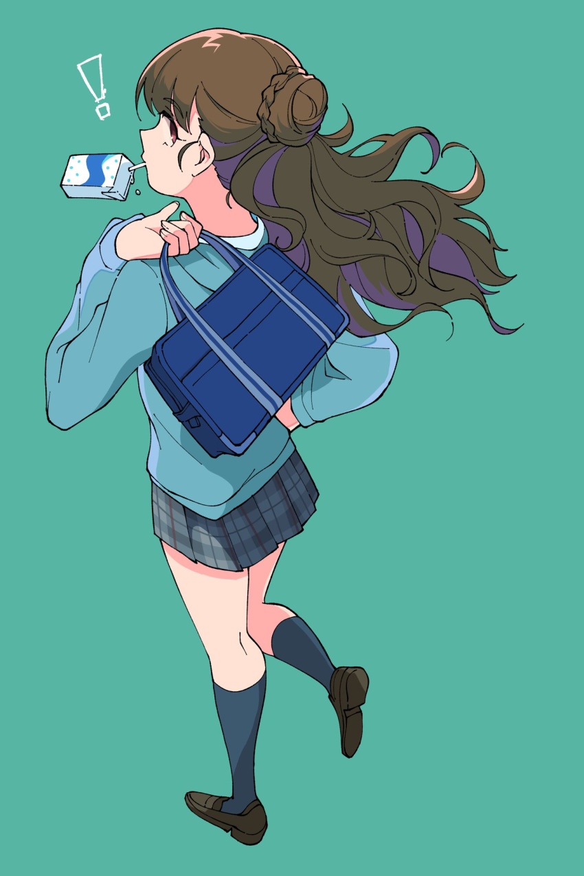 ! 1girl bag brown_hair drinking drinking_straw floating_hair from_above from_behind full_body green_background green_jacket green_skirt green_socks green_theme hair_bun hand_up highres holding holding_bag idolmaster idolmaster_cinderella_girls idolmaster_cinderella_girls_starlight_stage jacket kamiya_nao kneepits loafers long_hair looking_at_viewer looking_back looking_up mouth_hold niyororinpayamaru plaid plaid_skirt pleated_skirt school_bag school_uniform shirt shoes simple_background single_hair_bun skirt socks solo standing standing_on_one_leg white_shirt