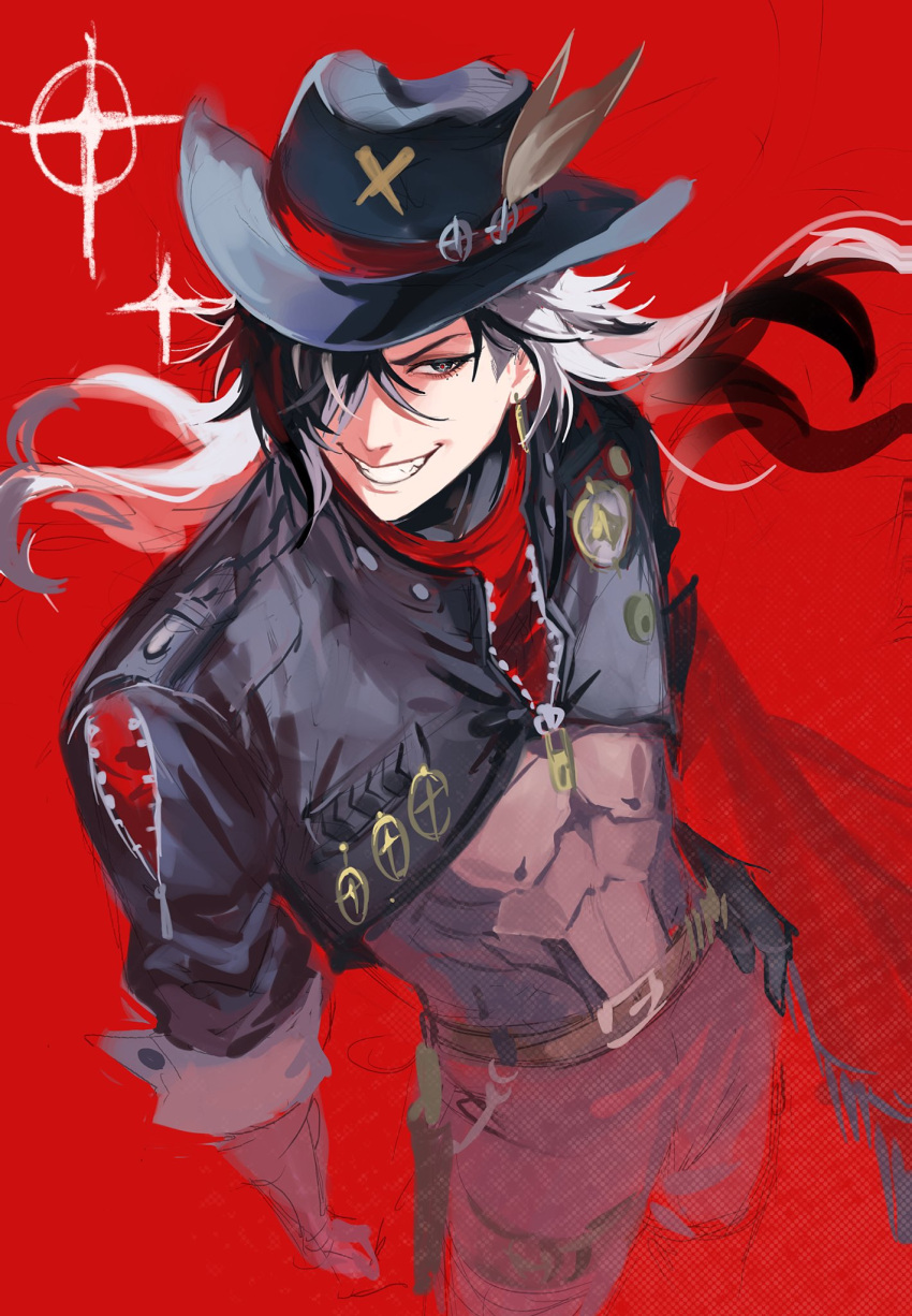 1boy badge belt black_hair boothill_(honkai:_star_rail) cape cropped_jacket earrings gaechu hair_over_one_eye hand_on_own_hip hat hat_feather highres honkai:_star_rail honkai_(series) jewelry long_hair looking_at_viewer mole mole_under_eye multicolored_hair red_background red_cape sharp_teeth sleeves_rolled_up smile teeth white_hair zipper
