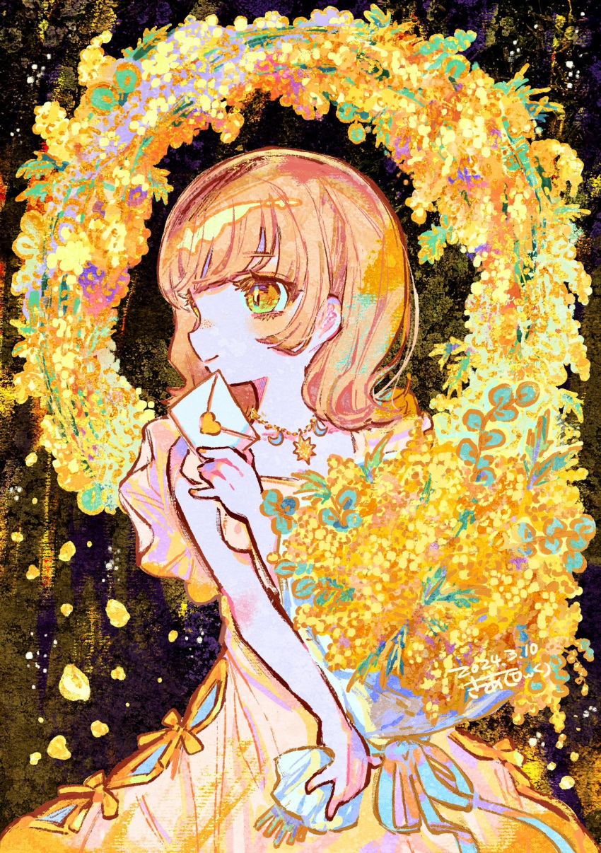 1girl blonde_hair closed_mouth commentary_request cowboy_shot dress envelope floral_background flower flower_wreath green_eyes hand_up highres holding holding_envelope jewelry kiato looking_to_the_side love_letter mimosa_(flower) necklace original petals profile signature smile solo standing yellow_dress yellow_flower