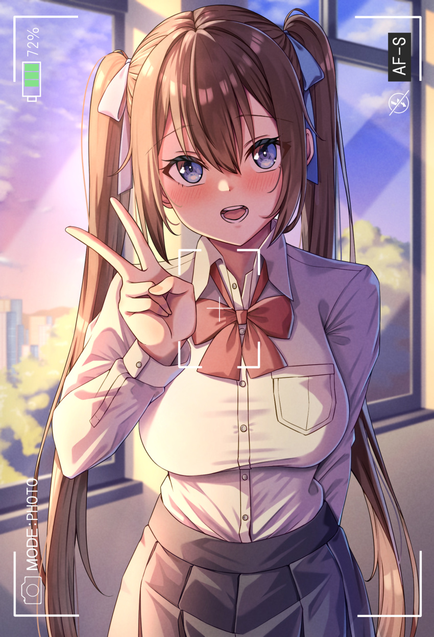 1girl arm_behind_back black_skirt blue_eyes blue_ribbon blush bow bowtie breast_pocket brown_hair camera cityscape clouds collared_shirt gradient_sky hair_between_eyes hair_ribbon hand_up highres hirorinwelcome indoors light_rays long_hair looking_at_viewer open_mouth original pleated_skirt pocket red_bow red_bowtie ribbon shirt shirt_tucked_in sidelocks skirt sky sunbeam sunlight sunset teeth tree twintails uniform v very_long_hair viewfinder white_ribbon white_shirt window