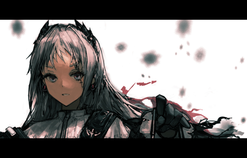 1girl arknights black_gloves blurry blurry_background gloves grey_eyes grey_hair highres irene_(arknights) komegu_619 letterboxed long_hair looking_at_viewer open_mouth outstretched_arm scar scar_across_eye sketch solo torn_clothes upper_body white_background