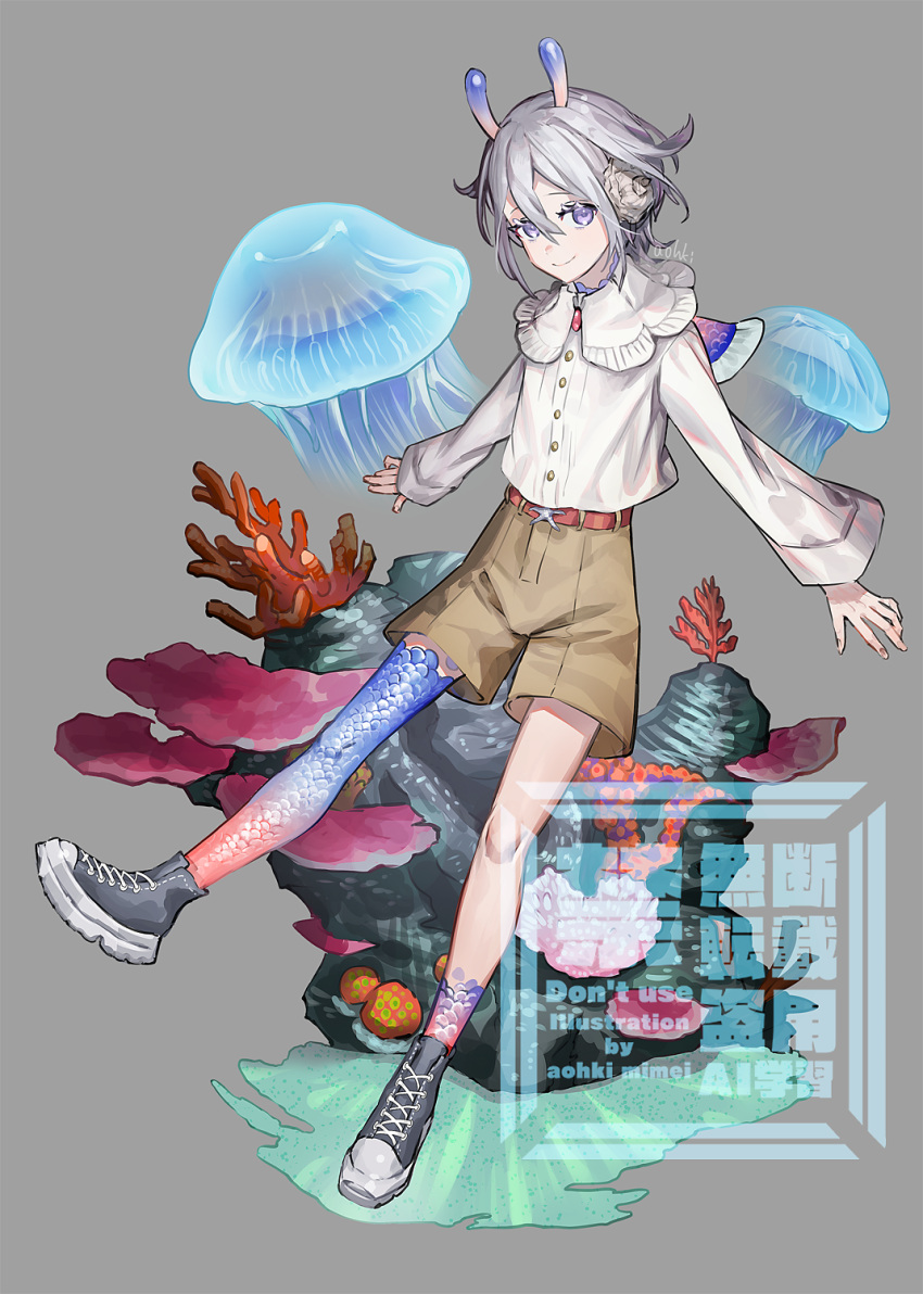 1boy androgynous belt brown_shorts commentary_request coral_reef flower frilled_shirt frills full_body gradient_scales grey_background grey_hair hair_between_eyes hair_flower hair_ornament highres jellyfish looking_at_viewer male_focus original pale_skin red_belt shirt shoes short_hair shorts signature smile sneakers solo standing standing_on_one_leg violet_eyes waterstaring wide_sleeves