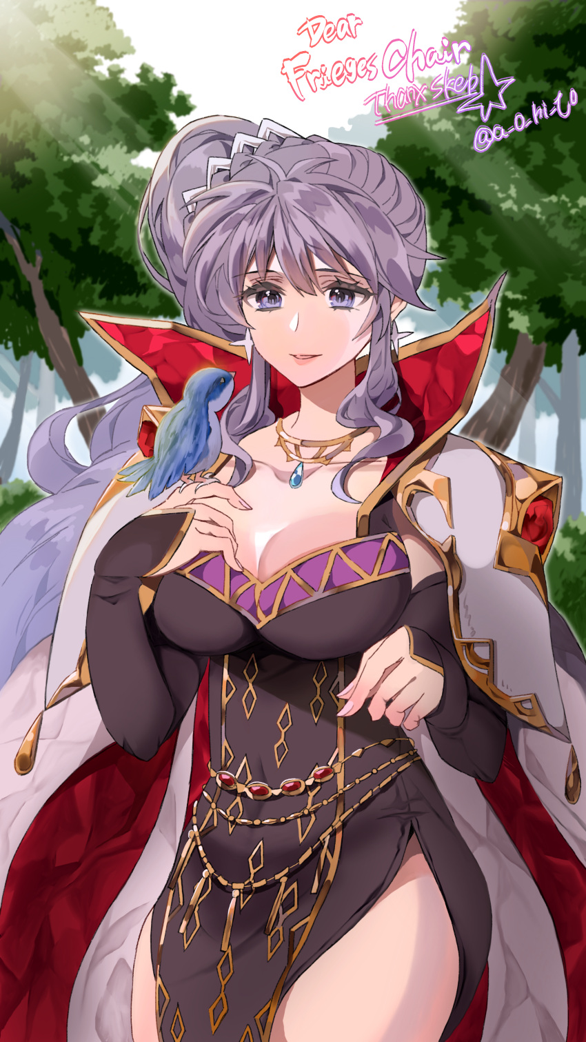 1girl absurdres animal ao_hito armor artist_name bird bird_on_hand cape commission commissioner_upload earrings fire_emblem fire_emblem:_genealogy_of_the_holy_war highres ishtar_(fire_emblem) ishtar_(fire_emblem)_(echoing_thunder) jewelry long_hair necklace non-web_source pauldrons purple_hair shoulder_armor signature skeb_commission tree violet_eyes watermark