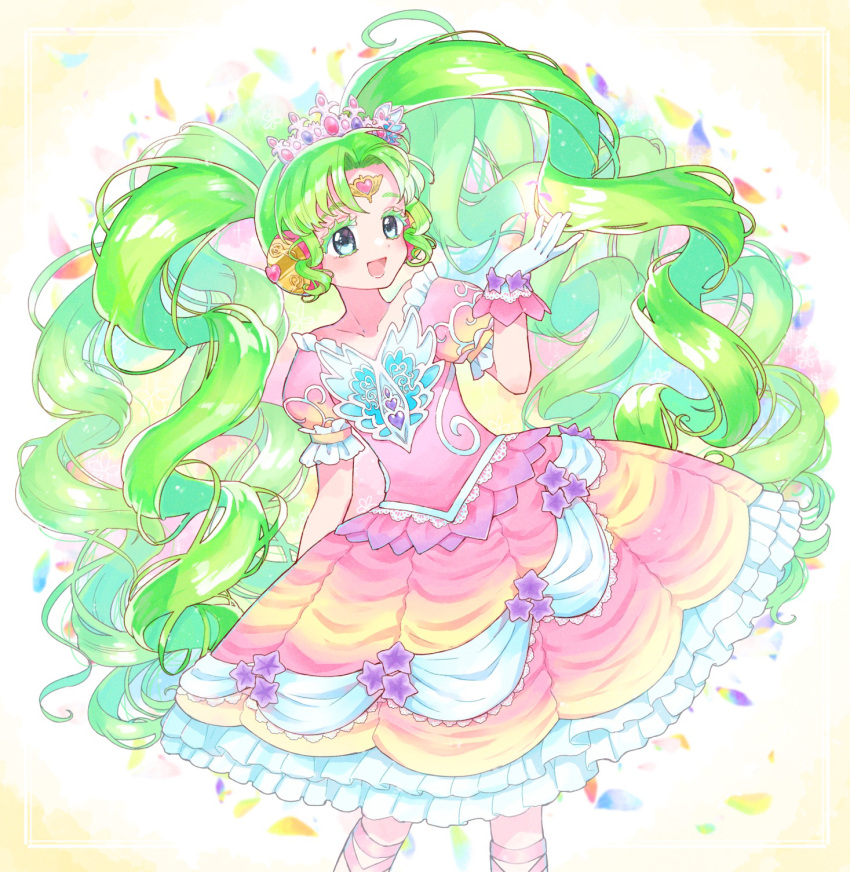 1girl :d colored_eyelashes commentary_request cowboy_shot dress falulu falulu_(awakened) forehead_jewel frilled_dress frills gloves green_eyes green_hair hand_up headphones highres idol_clothes jinno_(jin_c_kkry) long_hair looking_to_the_side open_mouth parted_bangs petals pink_dress pretty_series pripara puffy_short_sleeves puffy_sleeves short_sleeves sidelocks smile solo standing twintails very_long_hair white_gloves