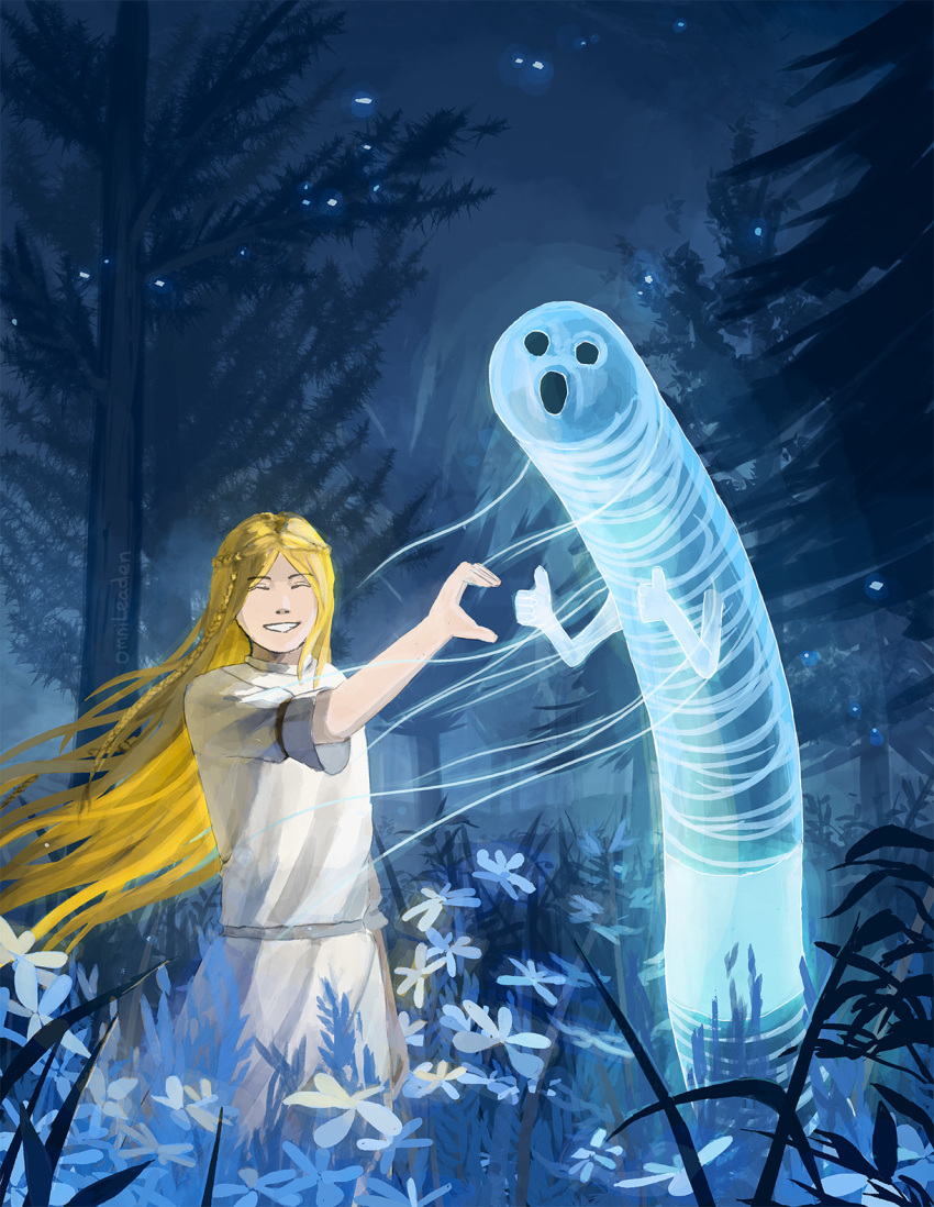 1boy blonde_hair blue_flower braid commentary crown_braid double_thumbs_up elden_ring elden_ring:_shadow_of_the_erdtree english_commentary flower heart_hands_failure highres long_hair miquella_(elden_ring) night night_sky omnileaden otoko_no_ko outdoors sky standing thumbs_up tree