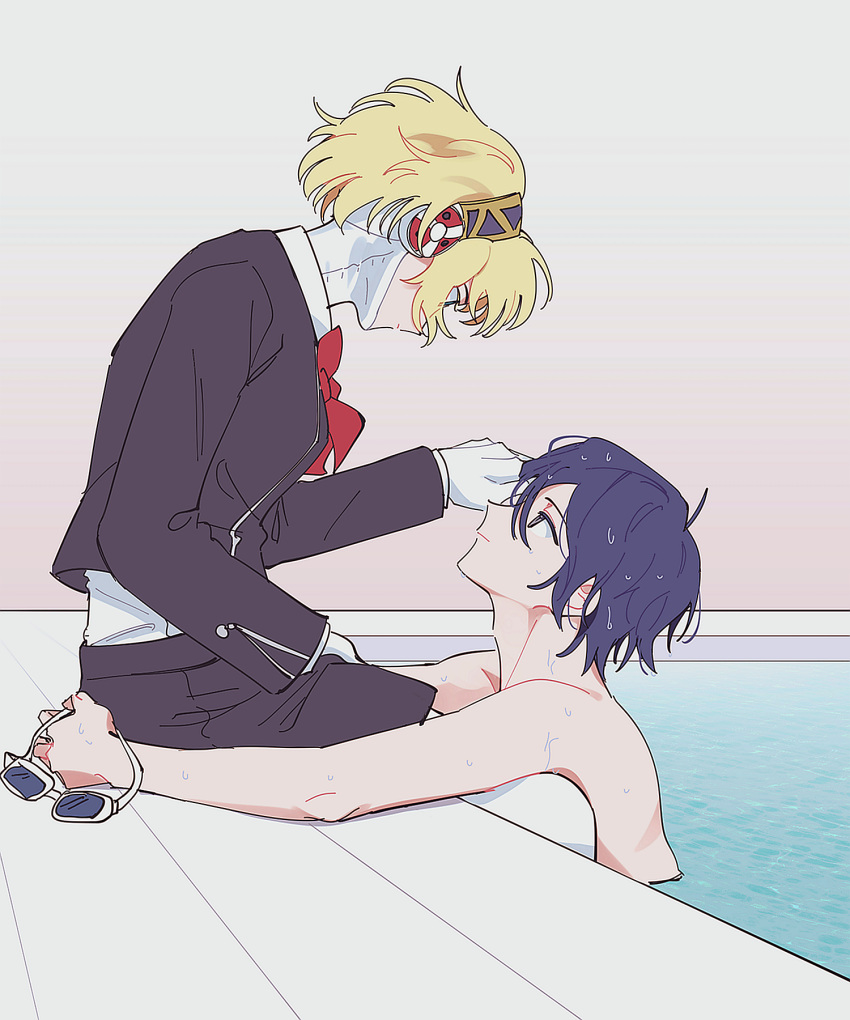 1boy 1girl aegis_(persona) android blue_eyes blue_hair bow bowtie elut facing_another from_side gekkoukan_high_school_uniform goggles hair_between_eyes hetero highres looking_at_another partially_submerged persona persona_3 pool poolside profile red_bow red_bowtie robot_ears school_uniform short_hair sitting skirt unworn_goggles wet wet_hair yuuki_makoto_(persona_3)