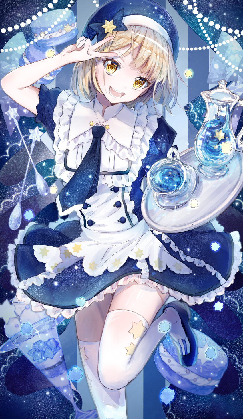 1girl absurdres apron artist_name artoria_(hitoba) blonde_hair blue_dress blue_footwear blue_necktie blue_theme bow buttons capelet collared_dress cup dress food foot_out_of_frame foot_up frilled_capelet frilled_dress frilled_sleeves frills hair_ornament hat hat_bow head_tilt highres hitoba holding holding_tray liquid looking_at_viewer macaron necktie open_mouth original parfait puffy_sleeves short_hair short_sleeves sky smile solo spoon standing star_(sky) star_(symbol) star_hair_ornament star_print starry_sky starry_sky_print teacup teeth thigh-highs tray v waist_apron waitress white_apron white_capelet white_thighhighs yellow_eyes