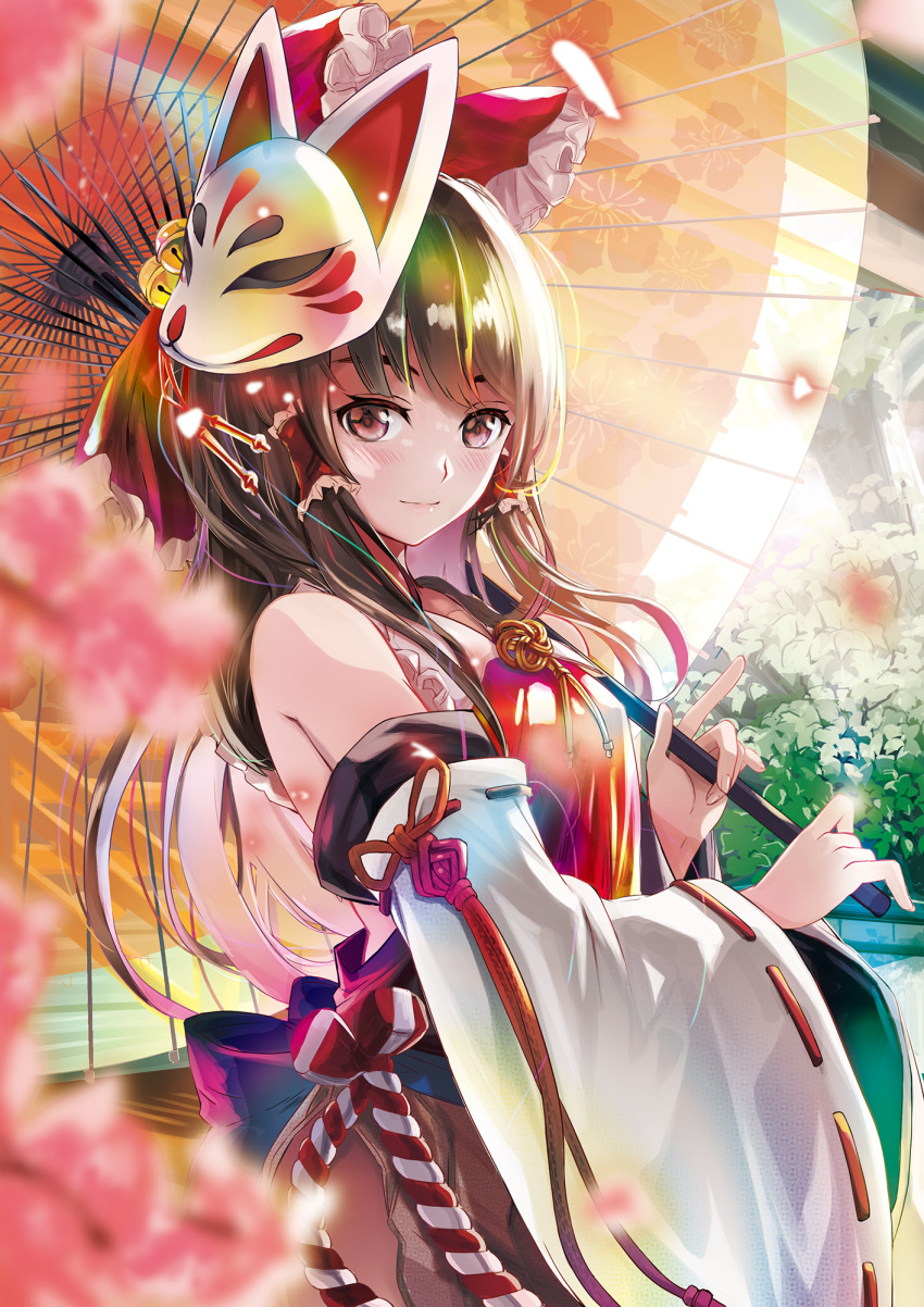 1girl ascot bow brown_eyes brown_hair closed_mouth commentary_request detached_sleeves floral_print fox_mask frilled_bow frilled_hair_tubes frills hair_bow hair_tubes hakurei_reimu highres holding holding_umbrella l.f. light_blush long_hair looking_at_viewer mask mask_on_head oil-paper_umbrella print_umbrella red_bow ribbon-trimmed_sleeves ribbon_trim smile solo touhou umbrella yellow_ascot