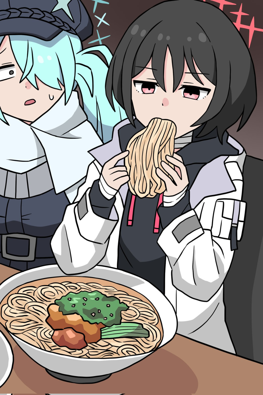 2girls ai-generated_art_(topic) ai_drawing_anime_characters_eating_ramen_(meme) bandaged_arm bandaged_neck bandages black_hair blue_archive bowl cabbie_hat cape coat commentary_request eating food green_eyes green_hair hair_between_eyes hair_over_one_eye halo hat highres hiyori_(blue_archive) long_hair long_sleeves looking_at_another meme misaki_(blue_archive) multiple_girls noodles open_clothes open_coat parted_bangs ramen red_eyes short_hair sidelocks sweatdrop washin white_cape white_coat