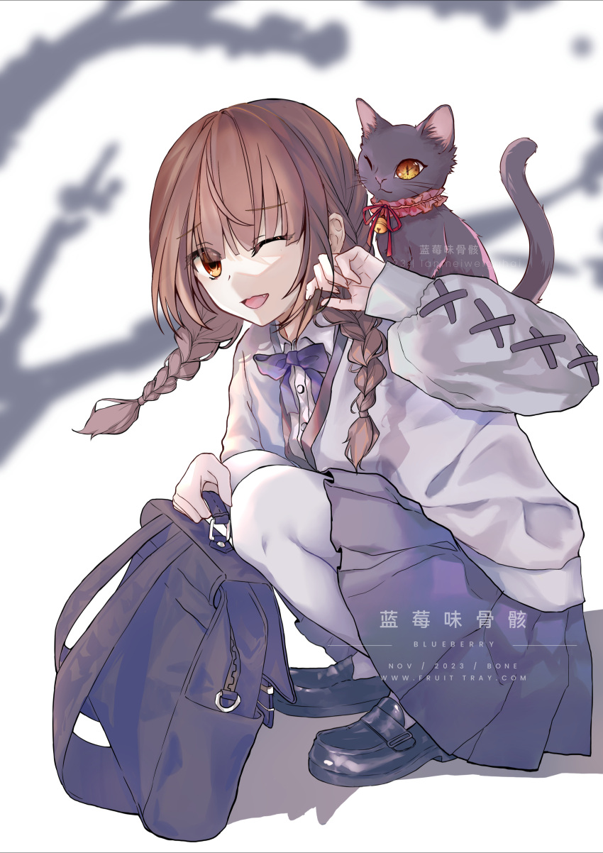 1girl absurdres bag black_footwear braid brown_hair cat collared_shirt date_a_live date_a_live:_date_a_bullet highres lanmeiweiguhai3 long_sleeves looking_at_viewer one_eye_closed open_mouth pleated_skirt ribbon school_bag school_uniform shirt skirt smile solo squatting twin_braids yamauchi_sawa_(date_a_live)