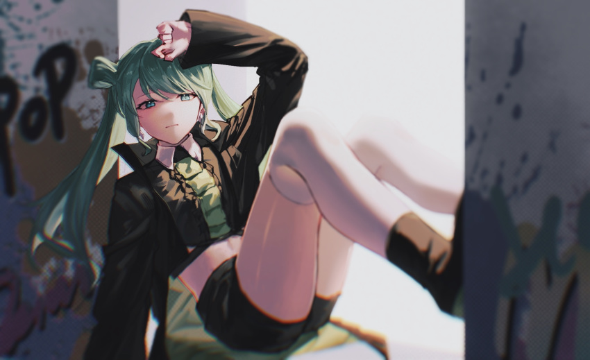 1girl black_footwear black_jacket black_shorts blurry chromatic_aberration commentary cropped_jacket cropped_shirt depth_of_field double_bun expressionless full_body graffiti green_eyes green_hair hair_between_eyes hair_bun hatsune_miku highres jacket long_hair long_sleeves looking_at_viewer shiny_skin shorts sidelighting sitting solo symbol-only_commentary thigh-highs twintails vocaloid white_thighhighs zhou_huan_(dgpe2833)