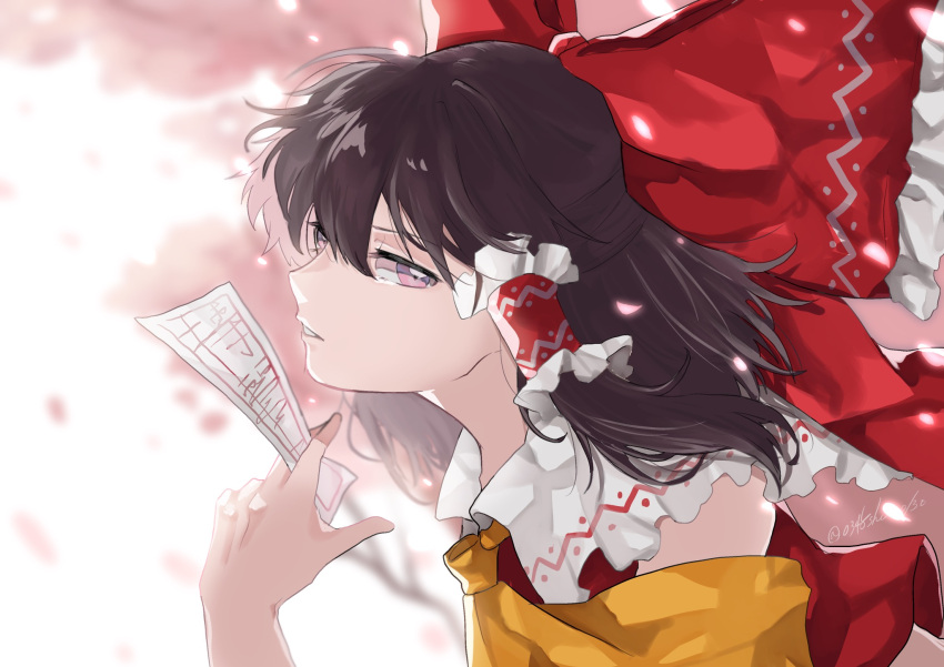 1girl ascot bare_shoulders bow brown_eyes brown_hair detached_sleeves hair_bow hair_tubes hakurei_reimu highres holding_ofuda japanese_clothes long_hair nontraditional_miko open_mouth red_bow sidelocks signature solo touhou twitter_username uchisaki_himari upper_body yellow_ascot