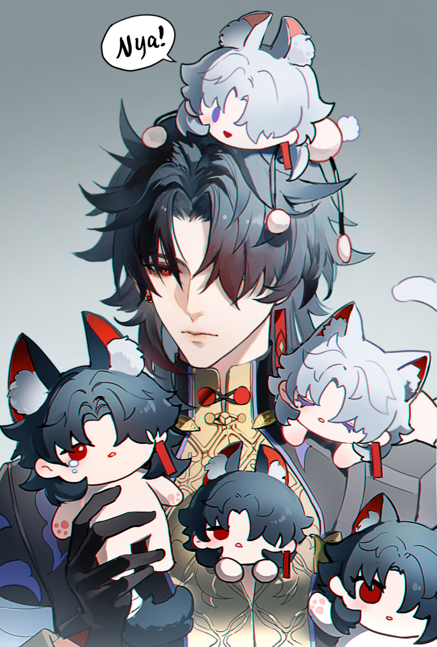 6+boys :d :o animal_ear_fluff animal_ears bandaged_arm bandages bandages_over_clothes black_gloves black_jacket blade_(honkai:_star_rail) blue_hair cat_boy cat_ears cat_tail chinese_commentary closed_eyes closed_mouth commentary_request crying dark_blue_hair earrings expressionless gloves gradient_hair grey_background guaisanmu hair_over_one_eye hand_up highres holding honkai:_star_rail honkai_(series) jacket jewelry long_hair long_sleeves looking_at_another male_focus mini_person miniboy mismatched_earrings multicolored_hair multiple_boys nyan on_head on_shoulder one_eye_covered open_mouth parted_bangs pawpads person_on_head person_on_shoulder red_eyes redhead sidelocks simple_background sleeping smile speech_bubble stud_earrings tail tears upper_body white_hair yingxing_(honkai:_star_rail)