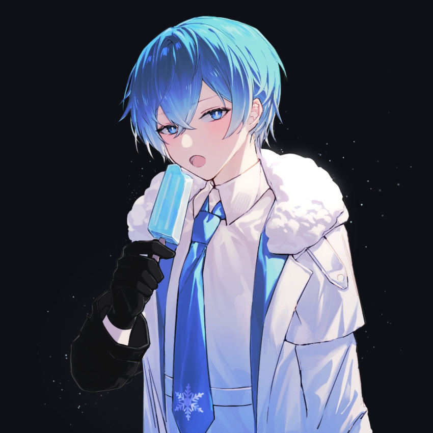 1boy black_background black_gloves blue_eyes blue_necktie blush coat collared_shirt commentary facing_viewer food fur-trimmed_coat fur_trim gloves hair_between_eyes holding holding_food holding_popsicle kaito_(vocaloid) layered_clothes looking_at_viewer male_focus necktie open_clothes open_coat open_mouth pants popsicle project_diva_(series) shirt short_hair sidelighting snow solo standing symbol-only_commentary teeth upper_body vocaloid white_pants white_shirt zhou_huan_(dgpe2833)