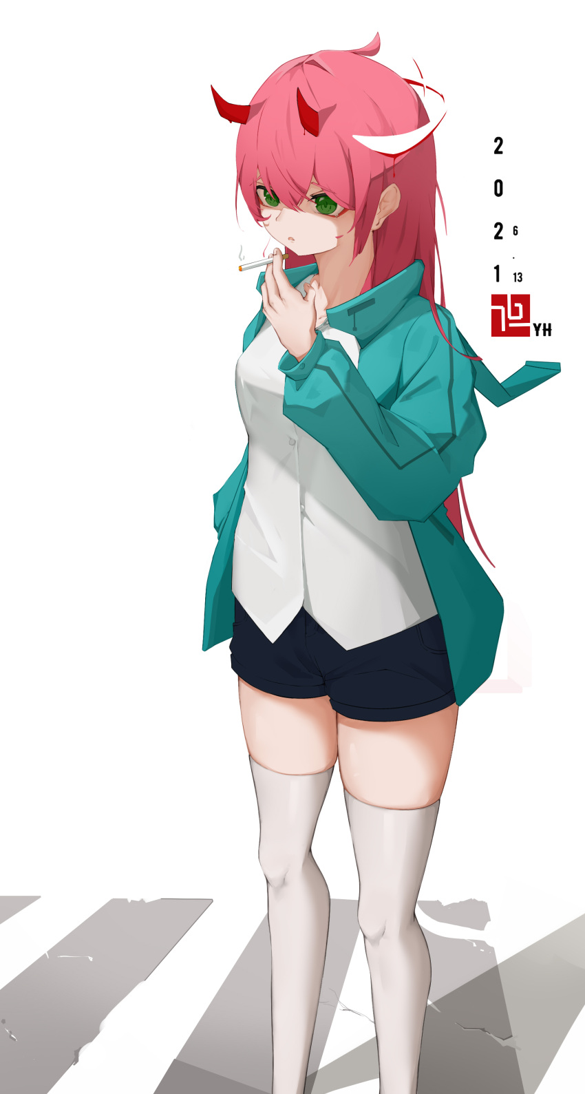1girl absurdres aqua_jacket between_fingers black_shorts buttons cigarette darling_in_the_franxx dated feet_out_of_frame fingernails green_eyes grey_thighhighs hair_between_eyes hand_up highres holding holding_cigarette horns jacket long_hair long_sleeves looking_ahead open_clothes open_jacket parted_lips pink_hair red_horns shaded_face shirt short_shorts shorts simple_background solo standing thigh-highs white_background white_shirt yao_han zero_two_(darling_in_the_franxx)
