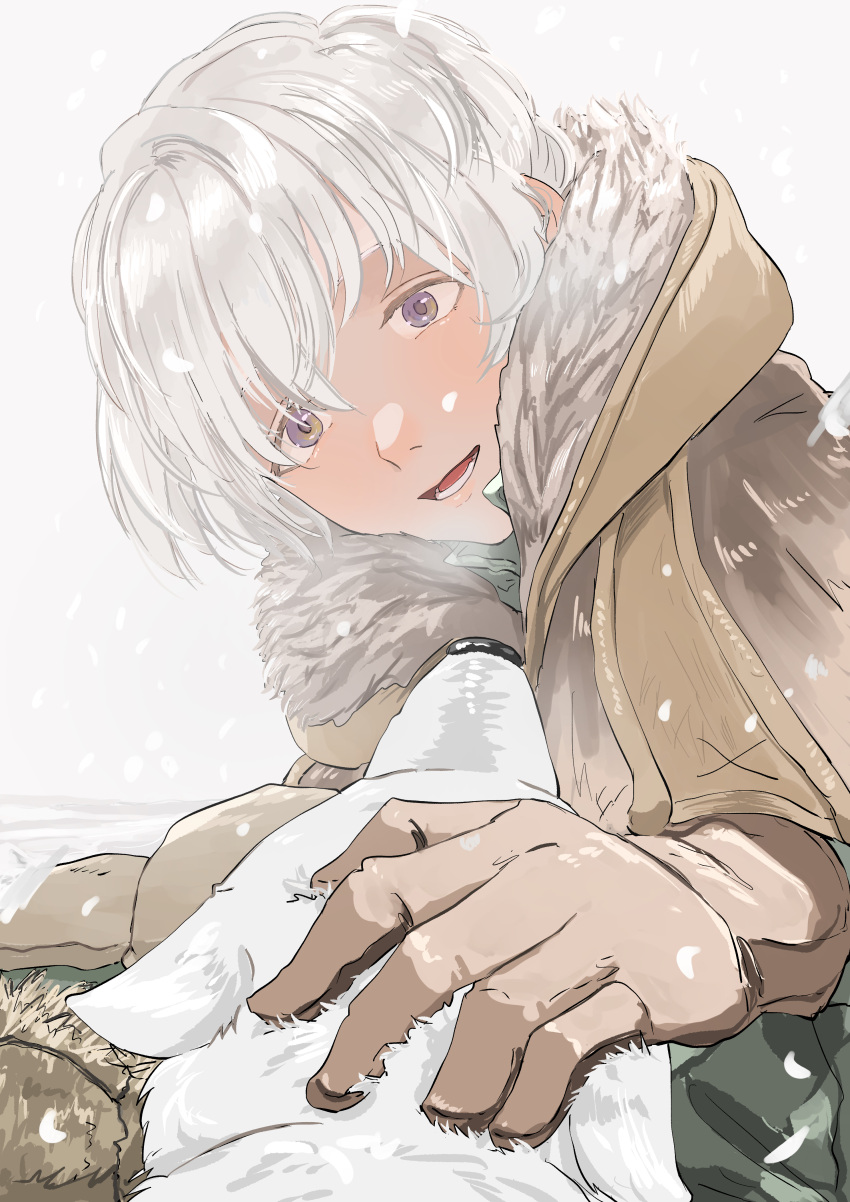 1boy absurdres affectionate blush breath brown_coat brown_gloves buppii_buru cloak coat commentary_request fumetsu_no_anata_e fur-trimmed_cloak fur-trimmed_hood fur_trim fushi gloves highres hood hooded_cloak looking_at_animal male_focus nose_blush open_mouth petting smile snow snowing solo the_nameless_boy_(fumetsu_no_anata_e) violet_eyes white_hair white_theme white_wolf wolf