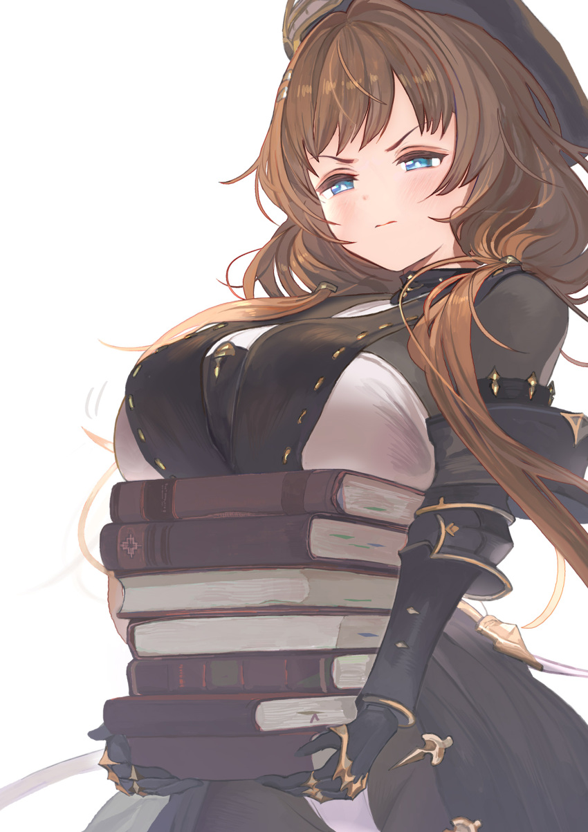 1girl beret blue_eyes blush book book_stack breast_rest breasts brown_hair character_request closed_mouth commentary_request gloves granblue_fantasy hat highres holding holding_book large_breasts looking_at_viewer low_twintails mizopost simple_background solo twintails white_background