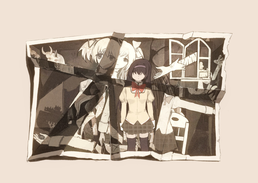 2girls absurdres akemi_homura black_hair black_thighhighs bow bowtie brown_background chair chinese_commentary commentary_request cowboy_shot dot_mouth dot_nose dual_persona facing_viewer gloves goddess_madoka grey_hair grey_skirt hair_bow hair_ribbon hairband highres juliet_sleeves kaname_madoka long_hair long_sleeves mahou_shoujo_madoka_magica mahou_shoujo_madoka_magica:_hangyaku_no_monogatari mitakihara_school_uniform multiple_girls no_eyes no_mouth open_window photo_(object) plaid plaid_skirt puffy_sleeves purple_hairband reaching red_bow red_bowtie ribbon school_uniform simple_background skirt smile soul_gem standing tape thigh-highs white_gloves window yayaziiii