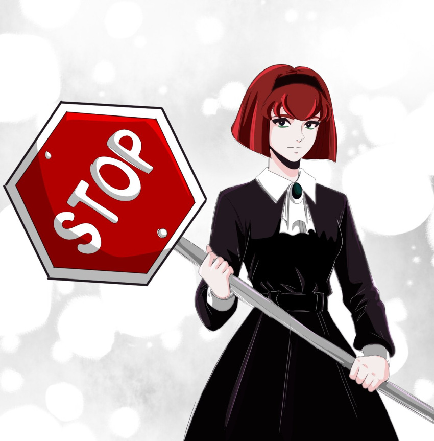 1girl ascot black_dress black_eyes black_hairband breasts collared_dress dress hairband highres holding holding_sign light_frown looking_at_viewer medium_breasts megadeus_mommy r_dorothy_wayneright redhead road_sign short_hair sign solo stop_sign the_big_o white_ascot