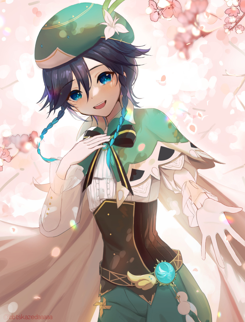 1boy absurdres anemo_symbol_(genshin_impact) aqua_hair bbtskazedaaaaa beckoning beret black_hair blue_eyes bow bowtie braid cape corset cowboy_shot flower genshin_impact green_cape green_headwear green_shorts hand_up hat hat_flower highres long_sleeves looking_at_viewer open_mouth outstretched_hand pink_background shirt shorts simple_background sleeves_past_elbows solo teeth tongue twin_braids twitter_username upper_teeth_only venti_(genshin_impact) vision_(genshin_impact) white_flower white_shirt