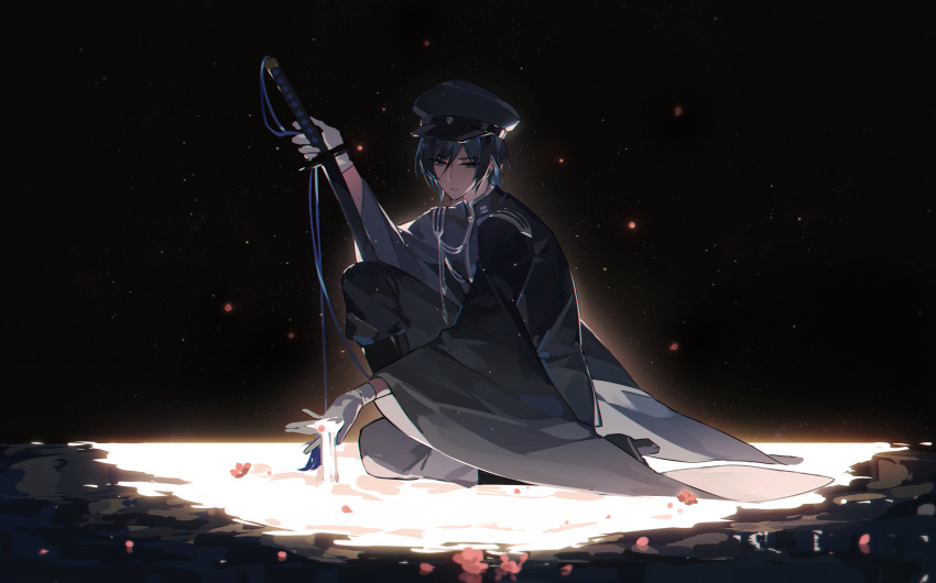 1boy absurdres blue_eyes blue_hair falling_petals full_body furisode_sleeves gloves glowing glowing_petals hair_between_eyes hat highres holding holding_sword holding_weapon japanese_clothes kaito_(vocaloid) katana kazenemuri kneeling kneeling_on_liquid looking_at_viewer male_focus military_uniform on_one_knee peaked_cap petals petals_on_liquid rei_no_sakura_sousetsu_(module) senbonzakura_(vocaloid) short_hair solo sword uniform vocaloid weapon white_gloves wide_sleeves