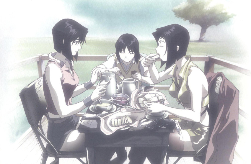 belt bread bread_slice breasts chair child closed_eyes cowboy_bebop eating faye_valentine food highres jacket light_smile official_art purple_hair red_jacket scan short_hair sitting table time_paradox tree variations