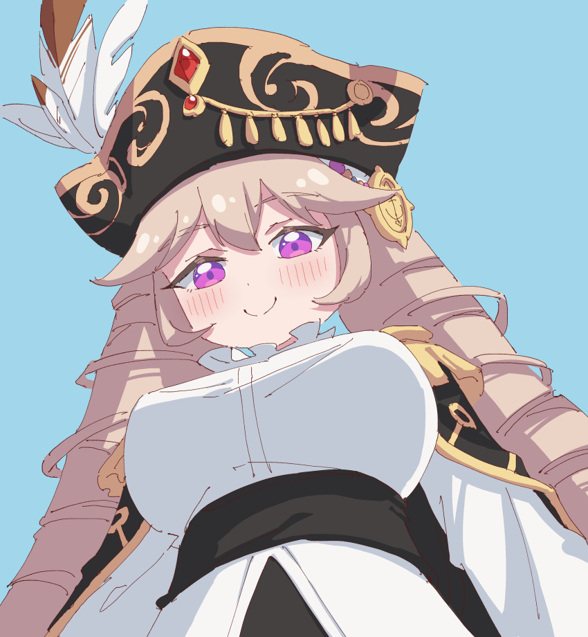1girl absurdres bicorne black_coat black_headwear black_sash blonde_hair blush breasts closed_mouth coat coat_on_shoulders corsair_(maplestory) double-parted_bangs drill_hair epaulettes from_below hair_between_eyes hat hat_feather highres large_breasts light_blue_background long_hair maplestory rune_(dualhart) sash shirt simple_background smile solo split_mouth violet_eyes white_shirt